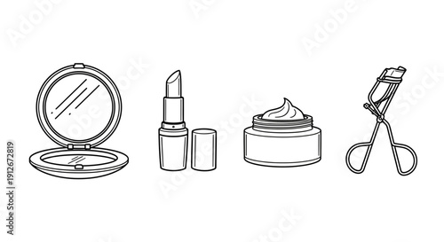 Cosmetic Makeup Items Collection: Lipstick, Mirror, Cream Jar, Eyelash Curler - Line Art