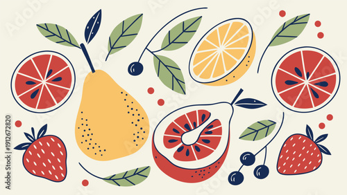 Colorful citrus fruits berries and pear arrangement in a playful flat design silhouette high quality professional