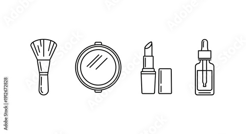 Cosmetic Makeup Tools Icons: Brush, Mirror, Lipstick, Serum Dropper - Beauty and Skincare Line Art