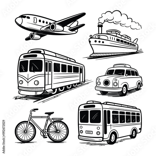 Vehicular Variety: A collection of meticulously drawn modes of transport, each embodying a unique blend of historical charm and modern utility. Perfect for transport, travel, and historical projects.