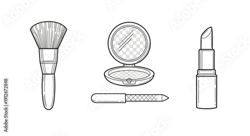 Cosmetic Makeup Tools Set: Brush, Powder Compact, Lipstick, Nail File - Black and White Line Art