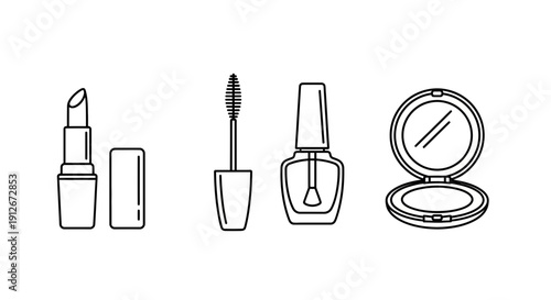 Cosmetic products icons: lipstick, mascara, nail polish, powder compact, beauty makeup set