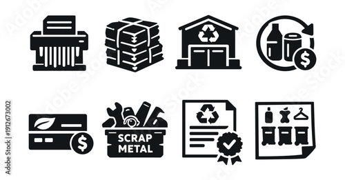 Recycling and Waste Management Monochrome Icons Set