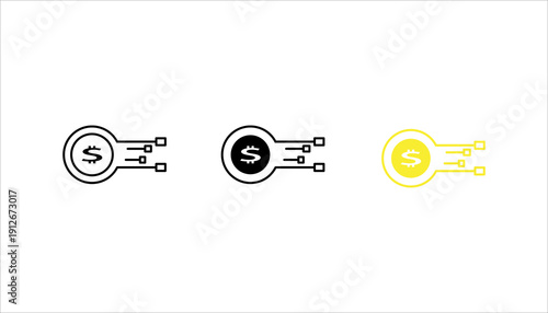 Simple line icon of digital money transfer with dollar symbol and data connection lines. Finance technology concept isolated on white background.