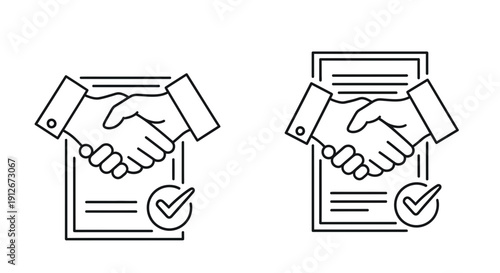 Business Agreement Handshake Icon Set with Checkmark and Document