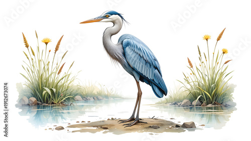 Heron standing on the ground watercolor illustration. Ardea herodias avian single image. Hand drawn realistic great blue heron image. Wildlife lake, river water habitat wildlife bird. White background