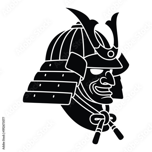 Stylized Japanese Samurai Helmet Mask Monochrome Vector Profile Icon