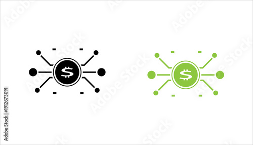 PrintOutline icon of dollar symbol connected to multiple nodes representing financial network, investment system, and digital economy.