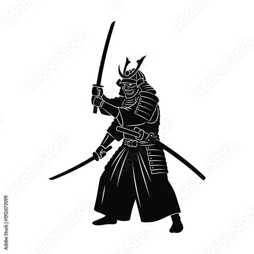 Black Silhouette Japanese Samurai Warrior with Katanas and Traditional Armor