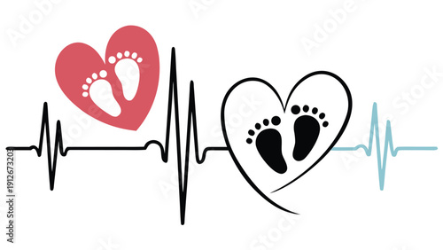 A loving design featuring baby footprints within hearts and a heartbeat line silhouette high quality professional