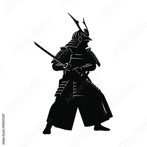 Striking Black Samurai Silhouette with Katana in Traditional Warrior Stance