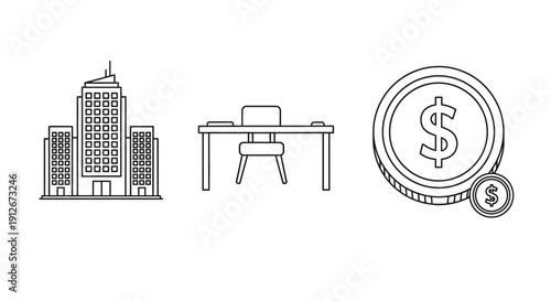 Business icons: office building, desk with chair, and coin with dollar sign