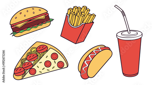 Colorful cartoon illustration depicting fast food items including pizza burgers and fries silhouette high quality professional