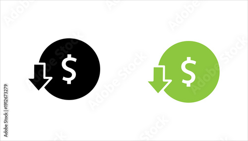 PrintMinimal outline icon showing dollar symbol with downward arrow representing financial loss, price drop, or revenue decrease.