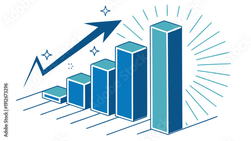 A blue graphic representing growth with a rising arrow and bar chart silhouette high quality professional