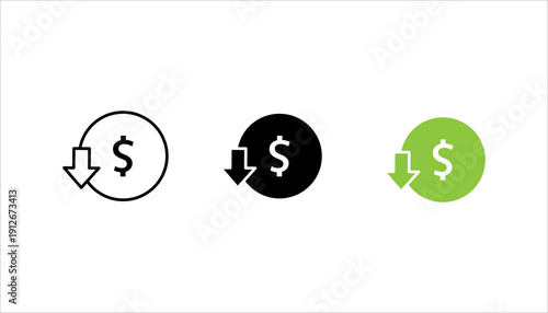 PrintMinimal outline icon showing dollar symbol with downward arrow representing financial loss, price drop, or revenue decrease.