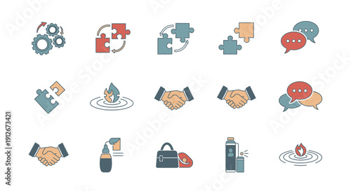 Business Partnership Icons: Collaboration, Handshake, Puzzle, Strategy, Communication, Solutions