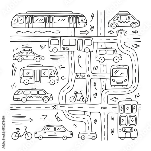 Urban Transportation in Sketch Style: A charming black and white hand-drawn illustration depicting a bustling urban scene filled with various modes of transport navigating city streets and pathways. 
