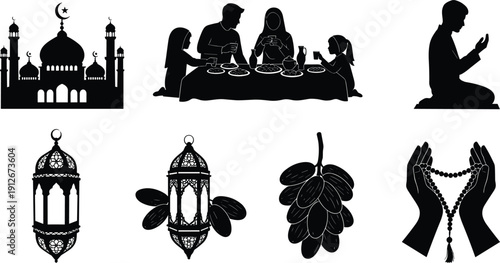 Ramadan silhouettes, mosque, family iftar, prayer devotion, fasting dates, lantern, crescent moon, Islamic culture, worship, spirituality, heritage, devotion, vector