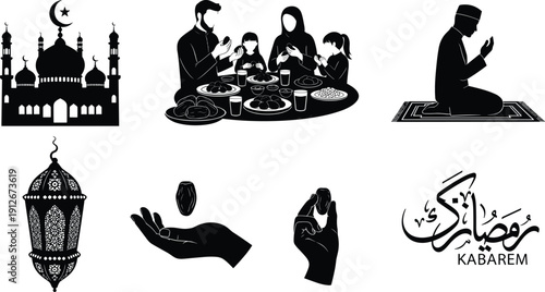 Ramadan Mubarak silhouettes, mosque, family iftar, prayer devotion, fasting dates, lantern, crescent moon, Islamic culture, worship, spirituality, heritage, vector