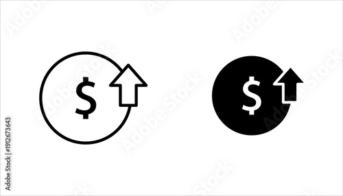 PrintOutline icon with dollar symbol and upward arrow representing profit growth, revenue increase, or financial success.