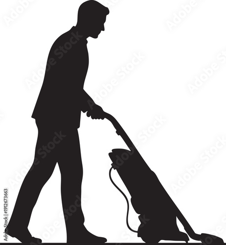 Person pushing a vacuum cleaner silhouette isolated on white background minimalist vacuuming and household cleaning illustration