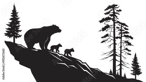 A mother bear and cubs stand atop a rocky outcrop against a forest backdrop silhouette
