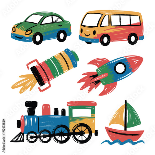 Colorful Transportation: A charming illustration featuring a collection of vibrant vehicles, each with its own unique design and personality.