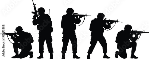 Armed soldiers silhouettes tactical positions, military combat readiness, rifle gear helmets, defense strategy illustration, black white warfare training concept