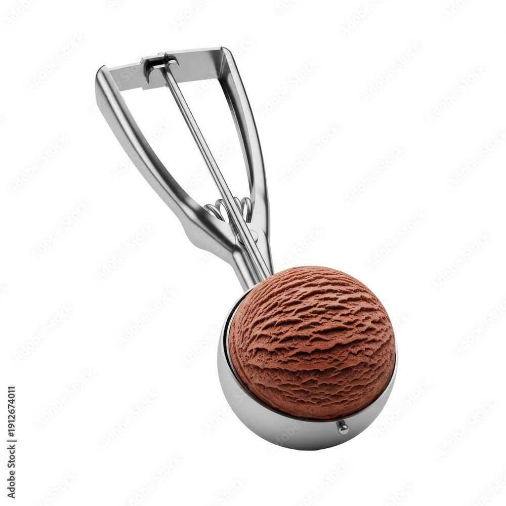 Fototapeta premium Gleaming silver ice cream scoop with spring mechanism holding spherical dark chocolate ice cream, creamy, white with copy space, high angle macro, delectable dessert concept