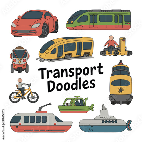 Transport Doodle Collection: A colorful collection of various transportation vehicles. From cars to submarines, a diverse illustration of travel methods.
