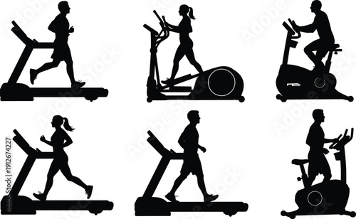 Fitness gym equipment silhouettes showing people running on treadmill using elliptical and stationary bike isolated on white background workout training vector illustration setFitness gym equipment 