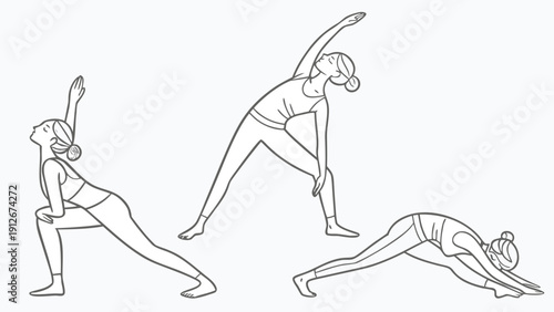 Line art illustration of a woman demonstrating yoga poses in a dynamic sequence silhouette high quality