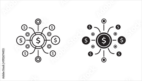 PrintModern outline icon of central dollar symbol connected to multiple financial nodes representing global finance and digital banking network.