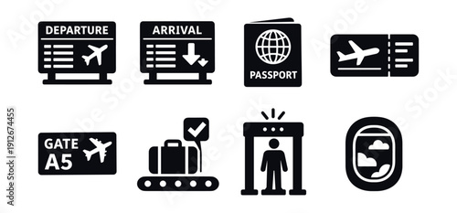 Air travel black and white minimalist icons set