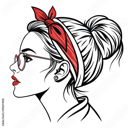Elegant woman with red headband and glasses a striking profile view silhouette high quality professional detailed