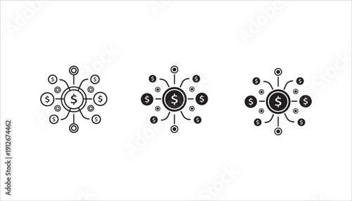 PrintModern outline icon of central dollar symbol connected to multiple financial nodes representing global finance and digital banking network.