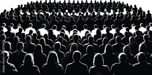 Black white audience silhouettes, large crowd seated rows, conference lecture gathering, performance spectators, unity collective attention artistic illustration