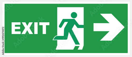 Vibrant green emergency exit sign featuring a running figure and arrow, scalable vector illustration for safety, commercial, and architectural use.