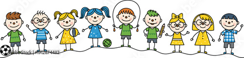Cartoon children standing in row, playful poses, holding toys, diverse clothing, cheerful expressions, educational recreational illustration concept