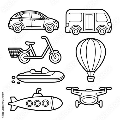Vehicle Icons Collection: A diverse collection of illustrated vehicle icons, including car, van, scooter, hot air balloon, boat, submarine, and drone, ideal for transportation-themed designs.