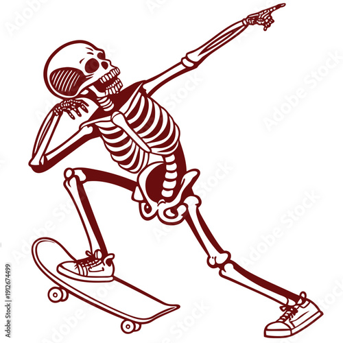 A red illustration of a skateboarding skeleton posing playfully a striking silhouette high quality professional detailed