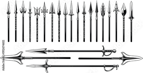 Medieval spear and halberd weapon silhouettes collection featuring polearms blades and historical arms isolated on white background fantasy warfare 