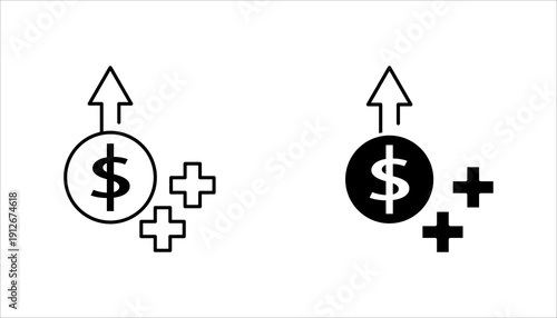 Minimal outline icon featuring dollar symbol with upward arrow and plus signs representing financial growth, profit increase, revenue boost, and positive cash flow. Isolated on white background.