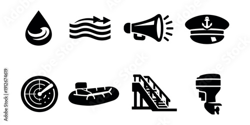 Nautical and maritime silhouette icons set