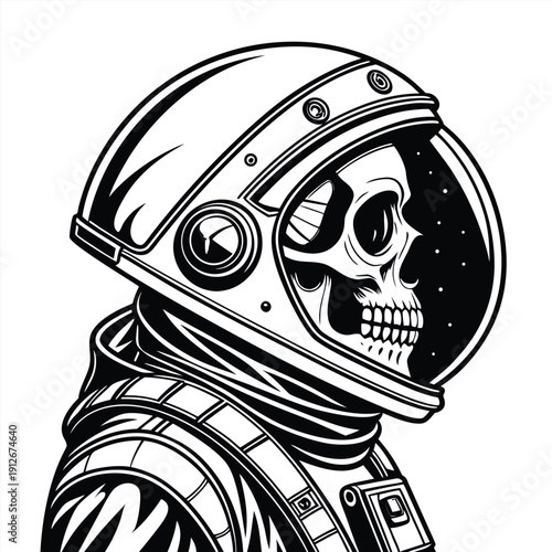 A detailed astronaut helmet revealing a skull within presented in striking black and white silhouette