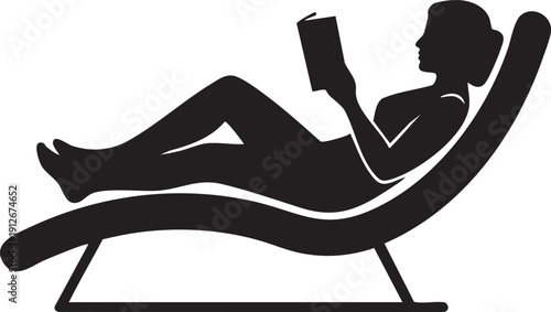 Person reclining on a lounge chair reading a book silhouette isolated on white background minimalist education and leisure lifestyle illustration