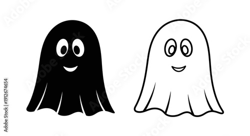 Two smiling ghosts, one black and one white, standing next to each other, cartoon illustration Vector