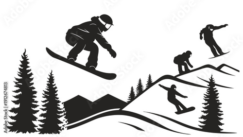 Snowboarders and skiers descend a mountain slope depicted in a striking black silhouette high quality professional