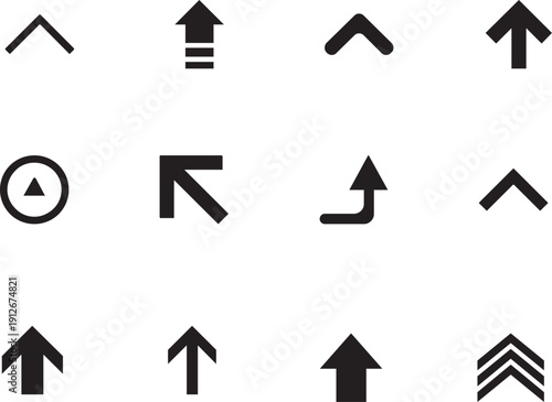 A collection of various black directional arrows pointing upwards on a plain background viewed from directly above